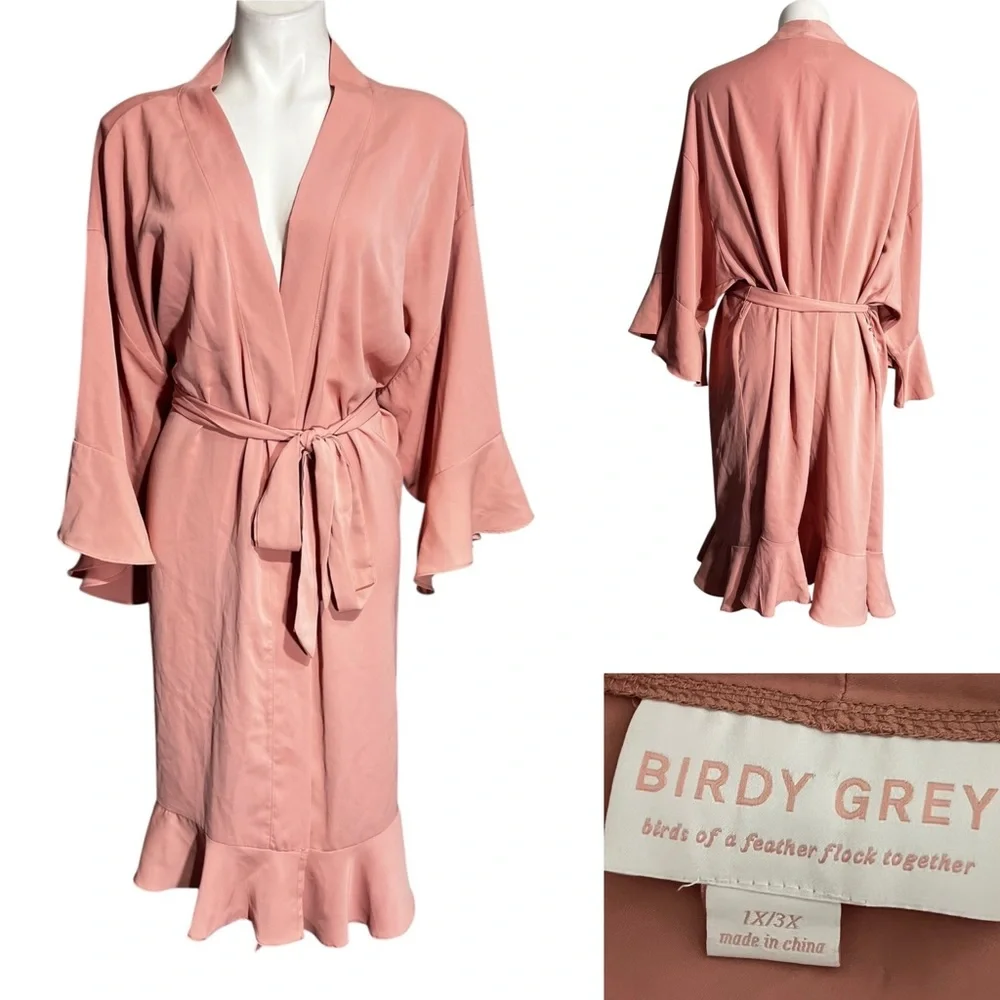 Birdy‎ Grey Kenny matte satin robe 1x/3x dusty rose pink Kimono wedding bridal